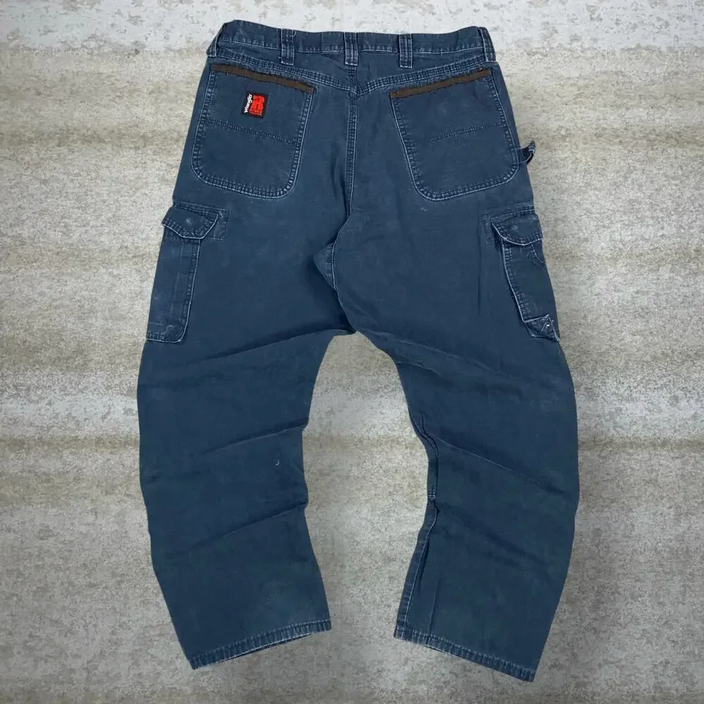 Vintage 90s Wrangler Riggs Carpenter Pants 36x32 Baggy Navy Blue Double Knees
